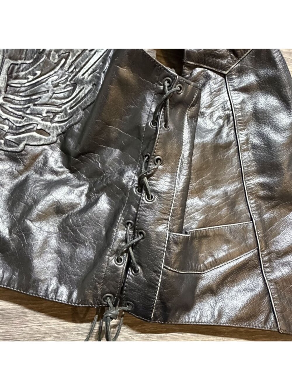 Vintage Xelement Motorcycle Leather Vest Black XL Mayhem Skull Wings Side Laces - Picture 12 of 14